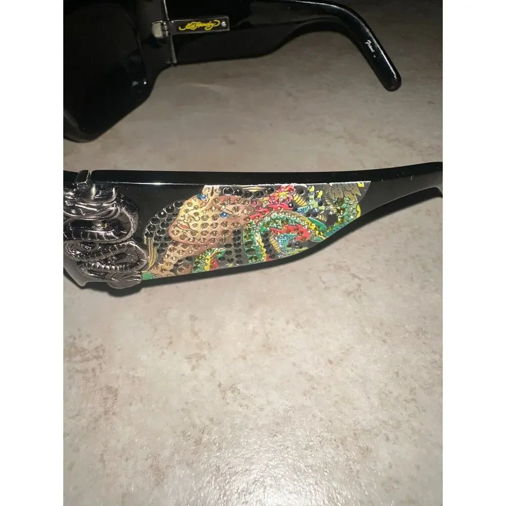 Ed Hardy EHS025 Black Dragon Rhinestone Sunglasses Y2K Vintage 64-15-120